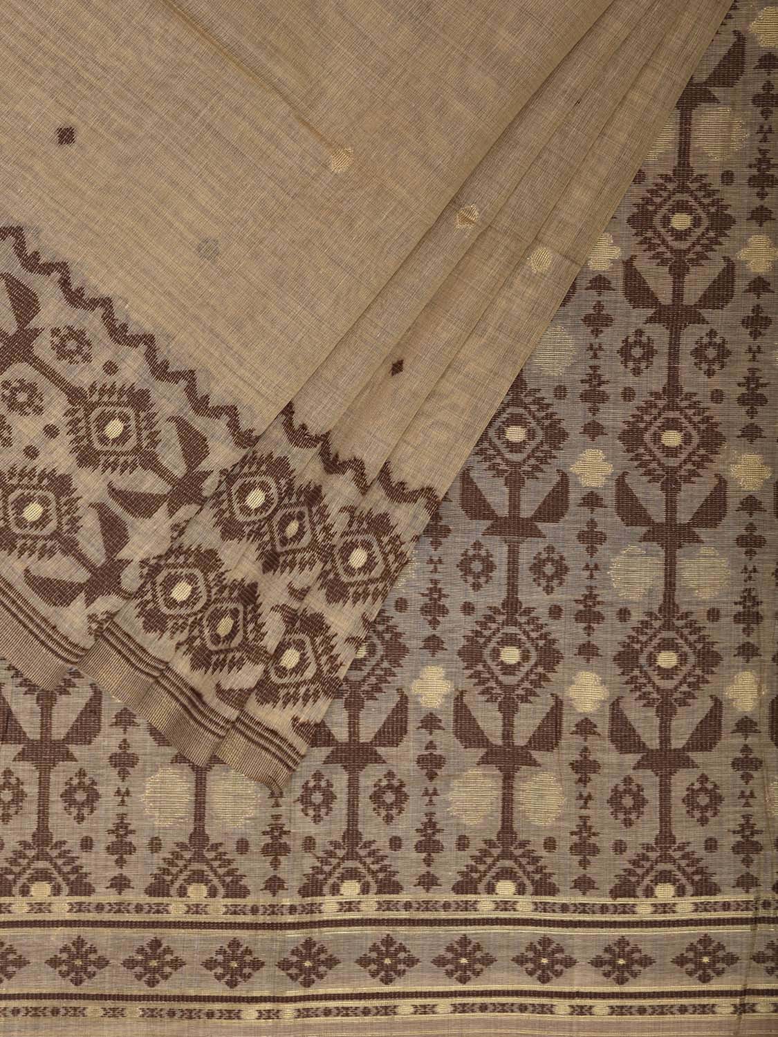 Cream and Fawn Dhakai Jamdani Cotton Viscose Saree with Jamdani Cut Work Design dj0165