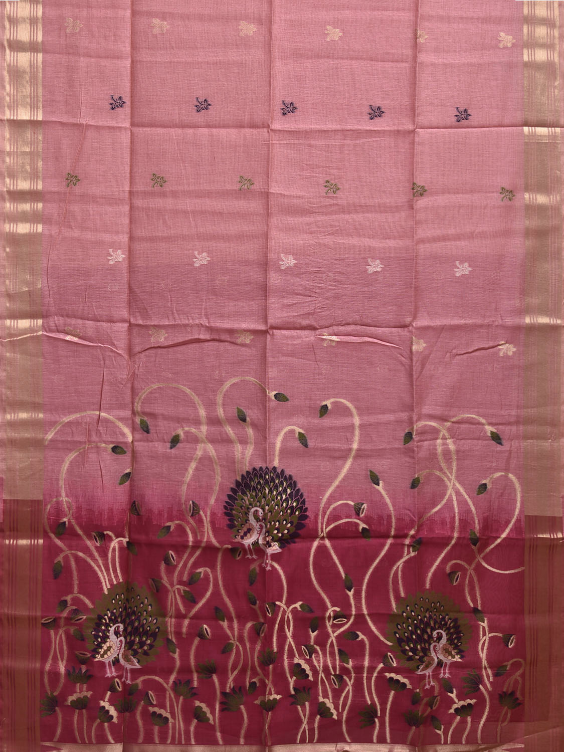 Baby Pink and Pink Dhakai Jamdani Cotton Viscose Saree with Peacocks Pallu Design dj0166