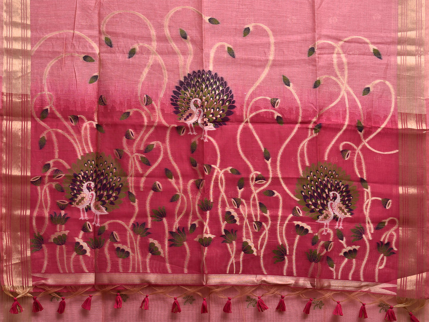 Baby Pink and Pink Dhakai Jamdani Cotton Viscose Saree with Peacocks Pallu Design dj0166