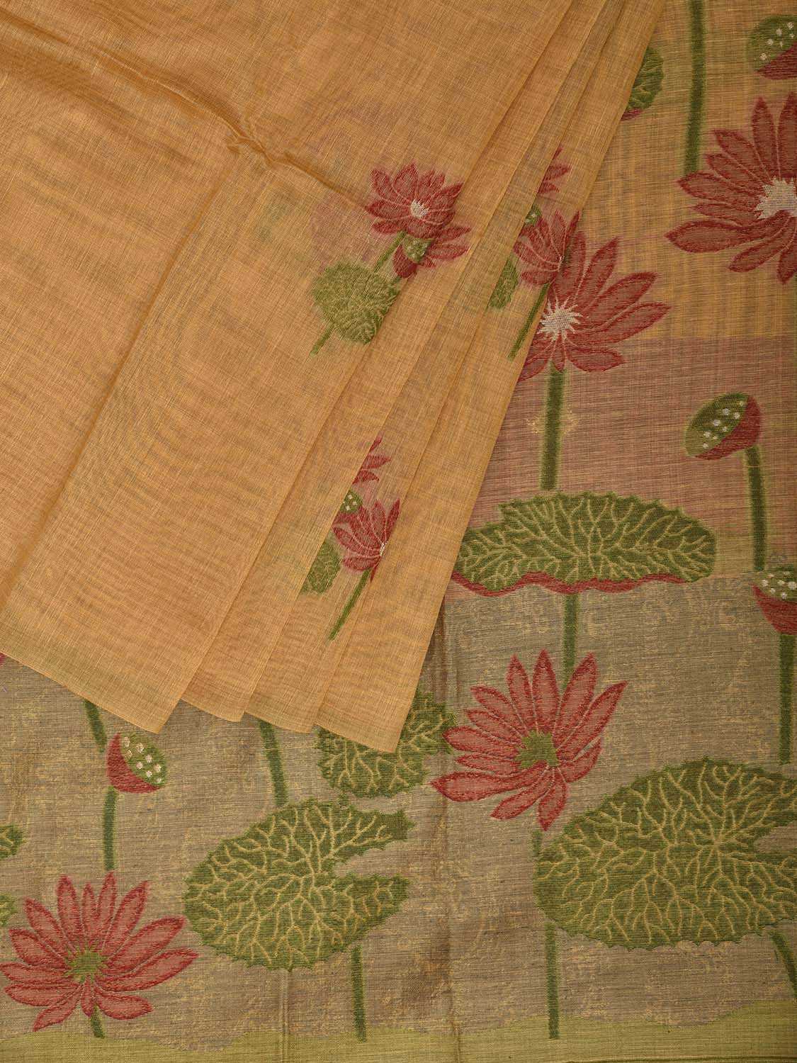 Yellow Dhakai Jamdani Cotton Viscose Saree with Lotus Buta and Pallu Design dj0168