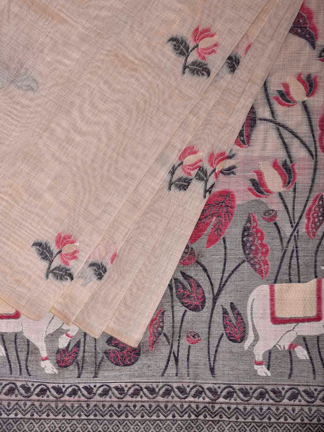 White Dhakai Jamdani Cotton Viscose Saree with Lotus Buta and Cows Pallu Design dj0169