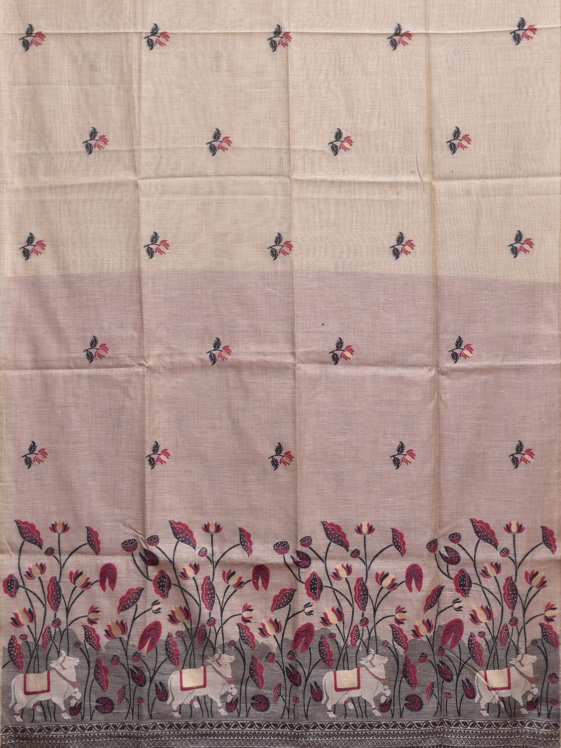 White Dhakai Jamdani Cotton Viscose Saree with Lotus Buta and Cows Pallu Design dj0169