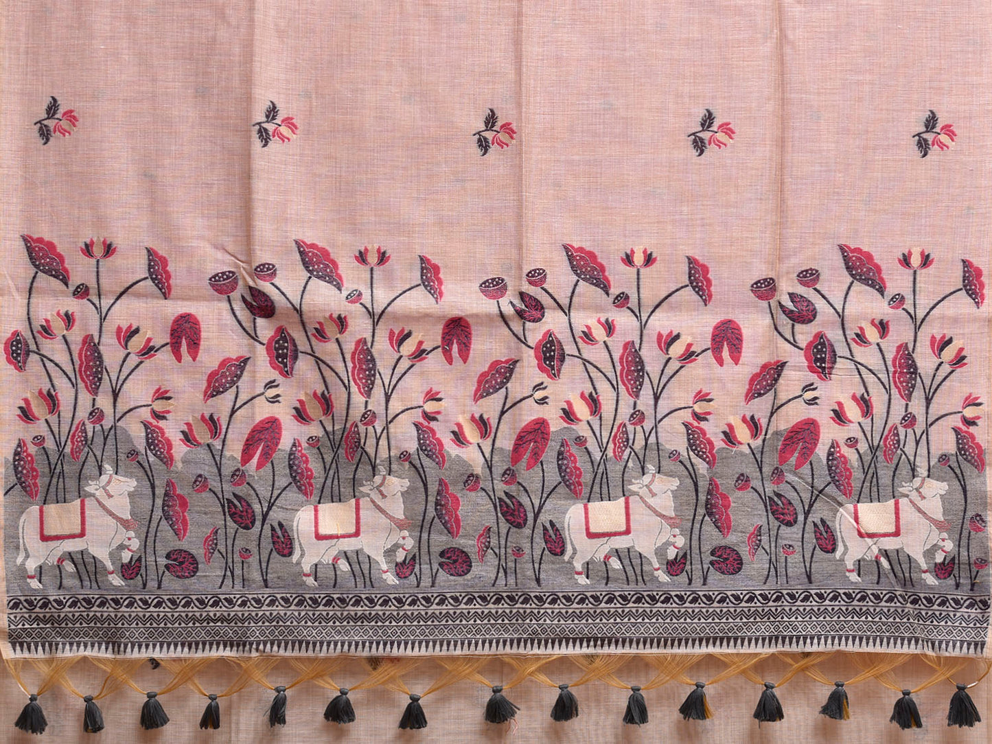 White Dhakai Jamdani Cotton Viscose Saree with Lotus Buta and Cows Pallu Design dj0169