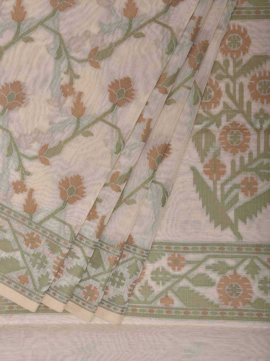 White and Green Dhakai Jamdani Cotton Viscose Saree with Border and Pallu Design dj0175