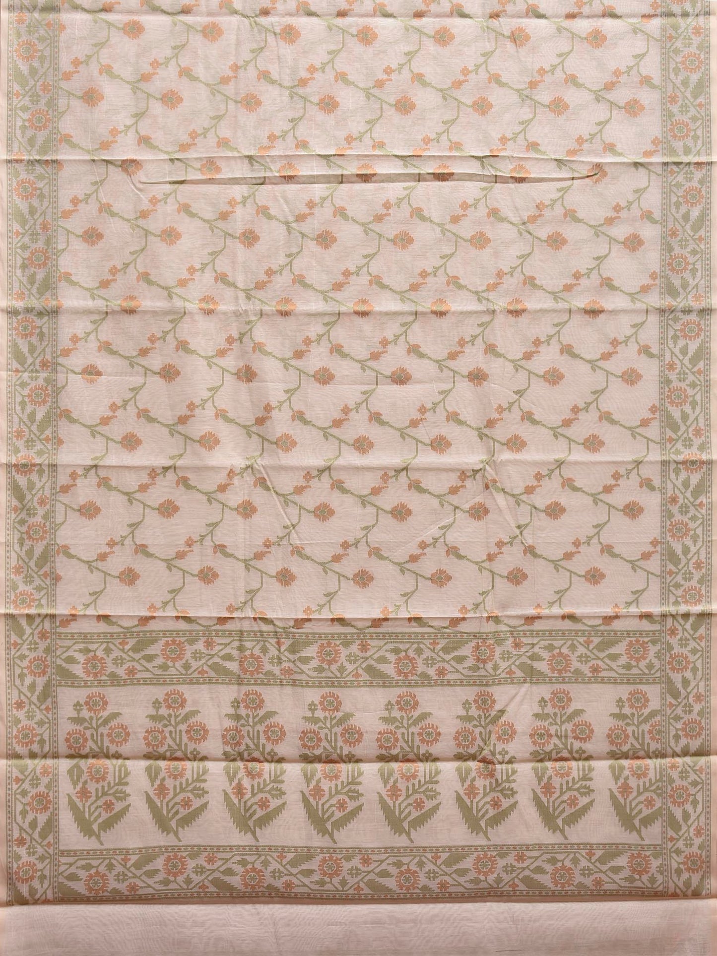 White and Green Dhakai Jamdani Cotton Viscose Saree with Border and Pallu Design dj0175