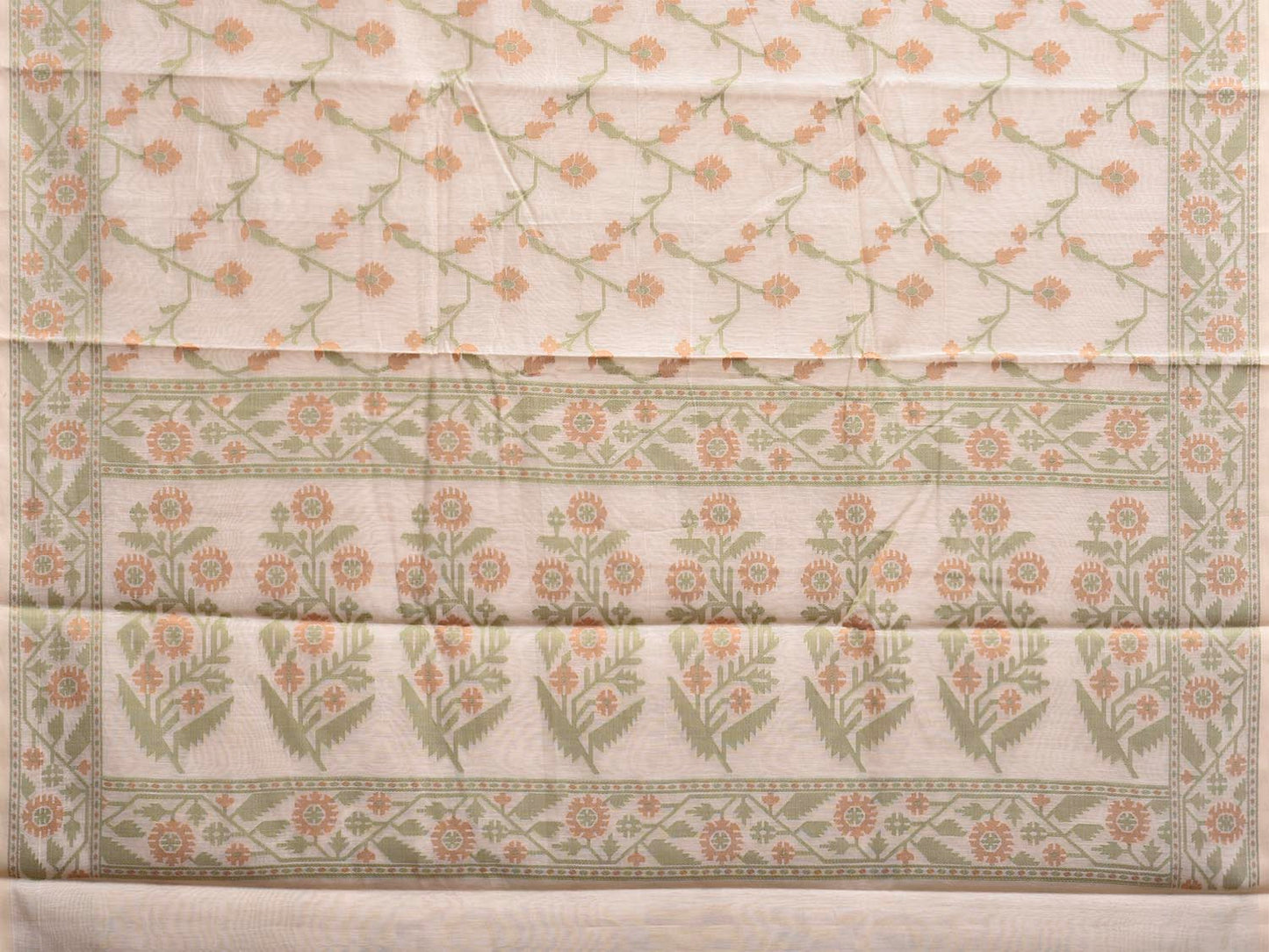 White and Green Dhakai Jamdani Cotton Viscose Saree with Border and Pallu Design dj0175