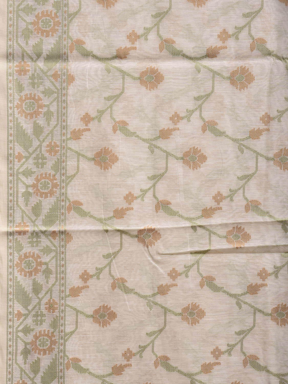 White and Green Dhakai Jamdani Cotton Viscose Saree with Border and Pallu Design dj0175