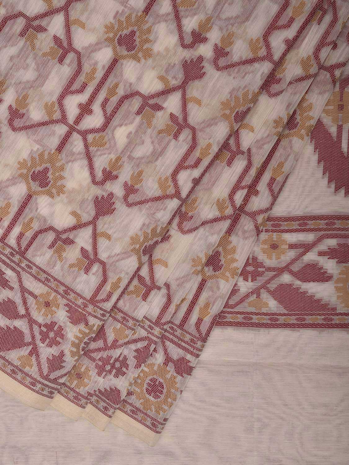 White and Red Dhakai Jamdani Cotton Viscose Saree with All Over and Pallu Design dj0177