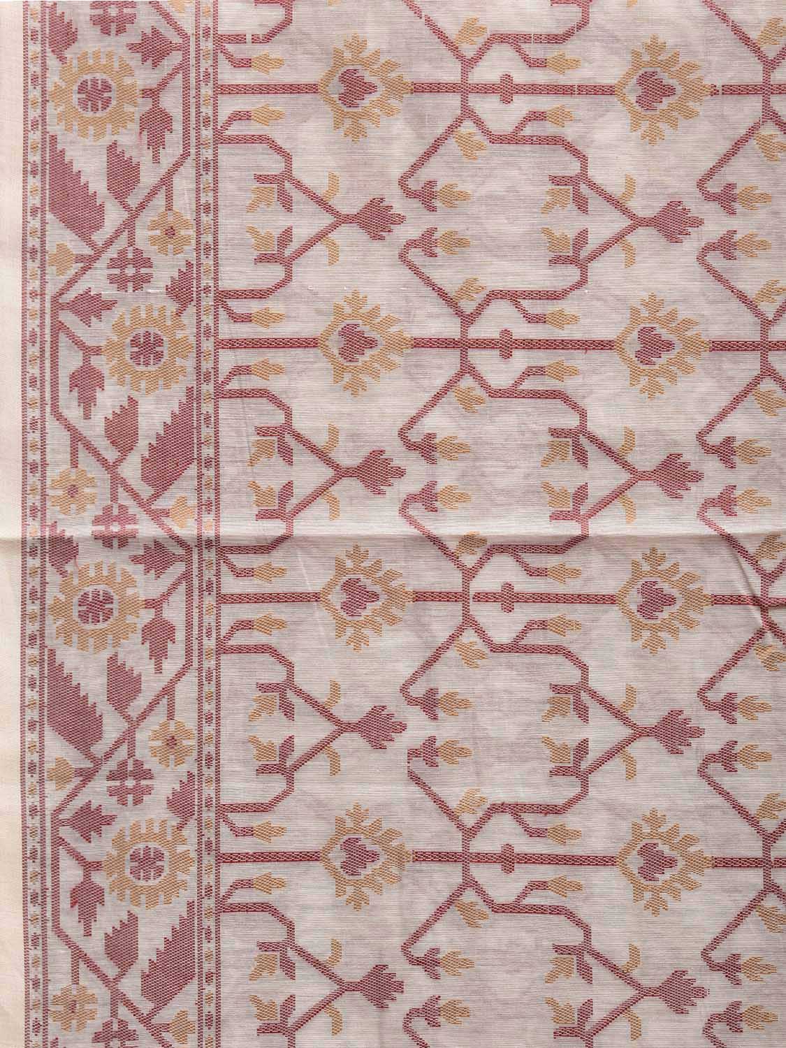 White and Red Dhakai Jamdani Cotton Viscose Saree with All Over and Pallu Design dj0177