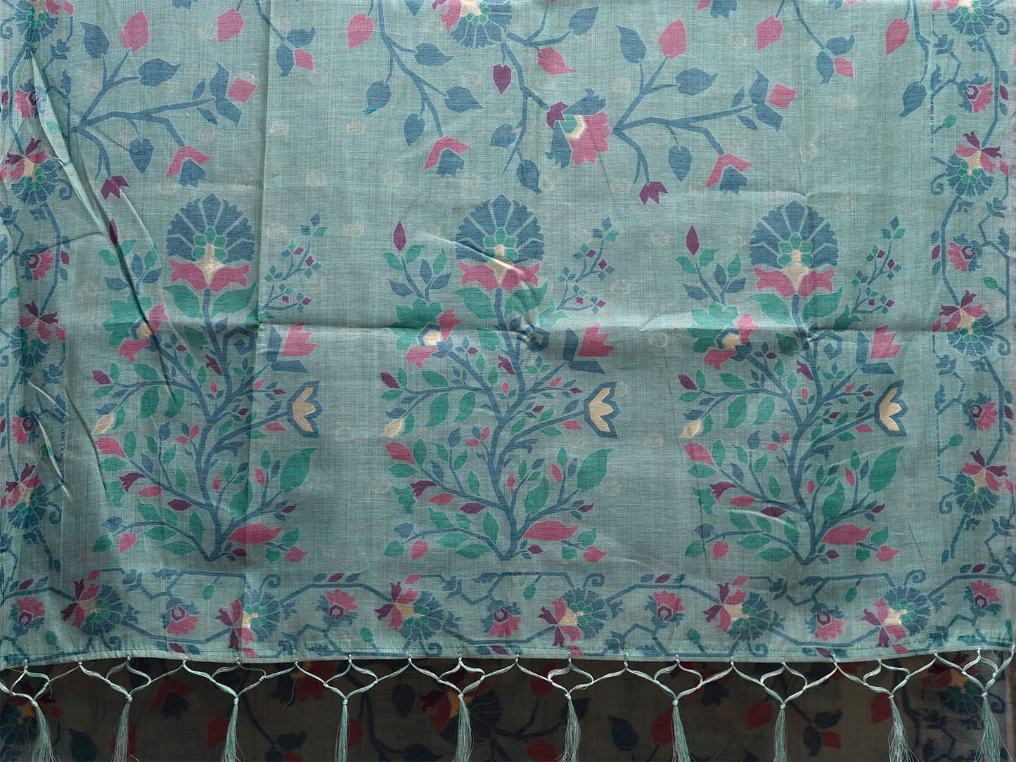 Turquoise Dhakai Jamdani Cotton Viscose Saree with All Over Floral Design dj0182