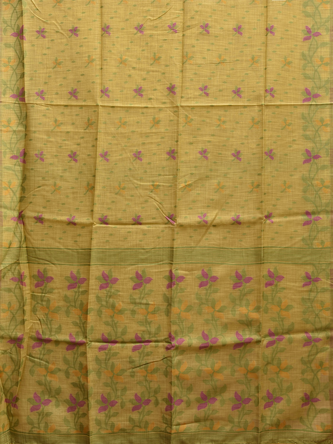 Yellow Dhakai Jamdani Cotton Viscose Saree with Floral Pallu and Border Design dj0183