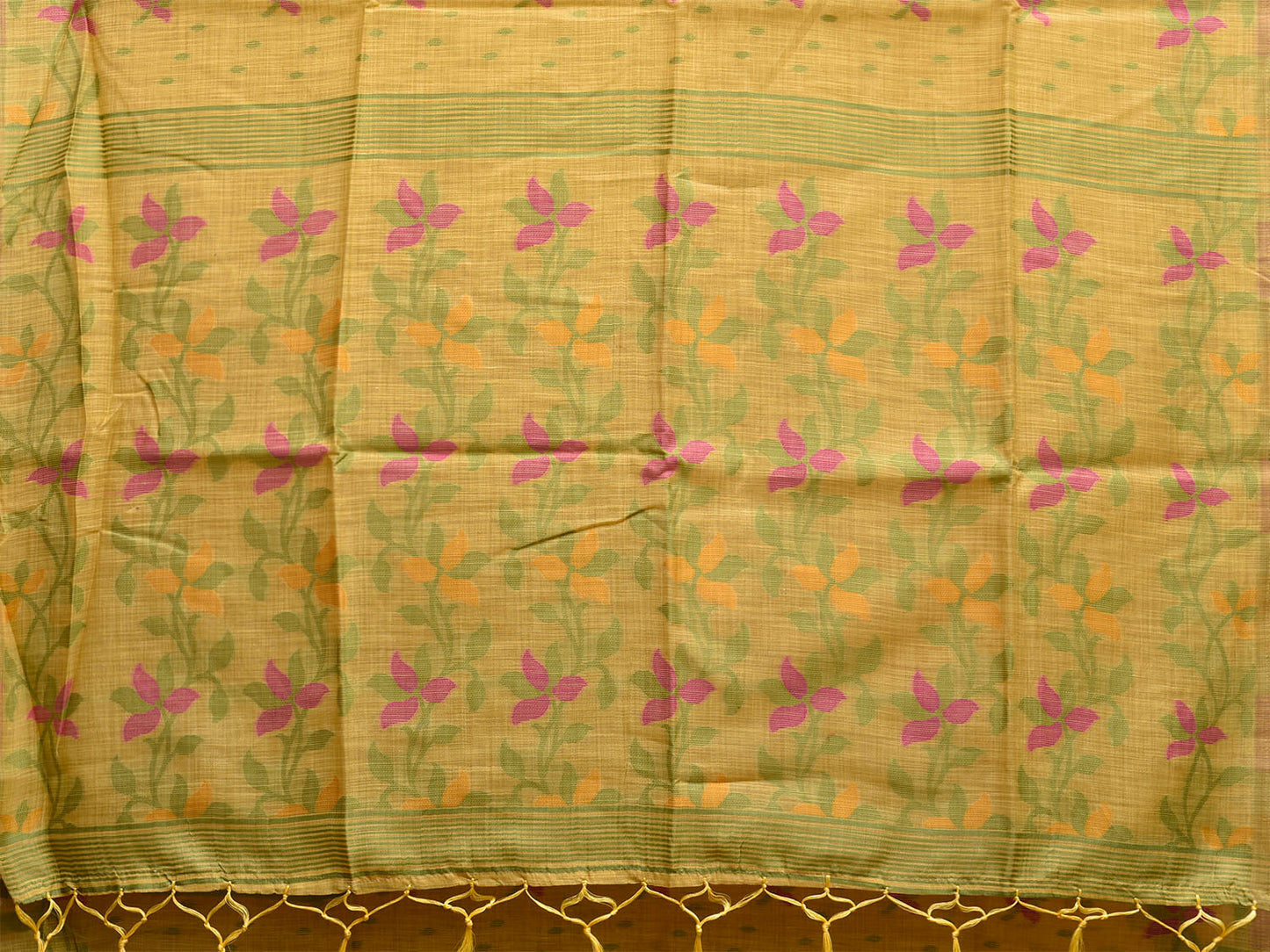 Yellow Dhakai Jamdani Cotton Viscose Saree with Floral Pallu and Border Design dj0183
