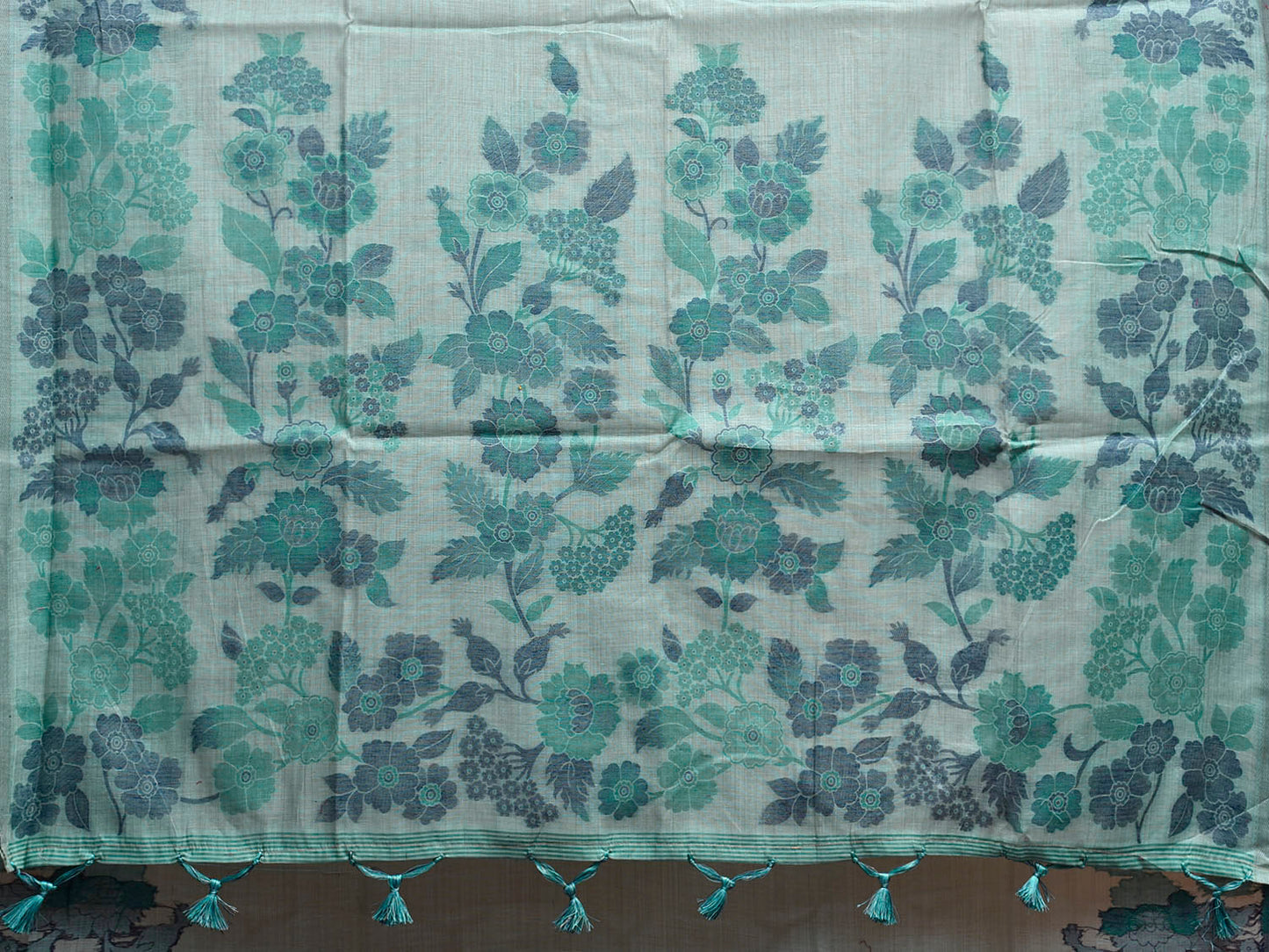 Turquoise Dhakai Jamdani Cotton Viscose Saree with Floral Buta and Pallu Design dj0187