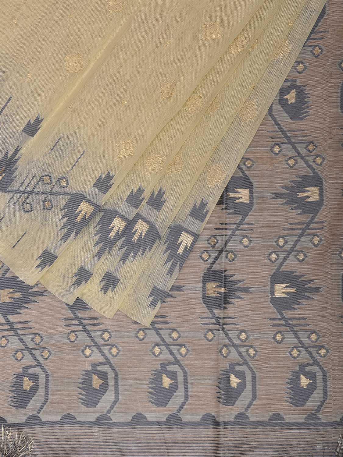 White and Grey Dhakai Jamdani Cotton Viscose Saree with Border and Pallu Design dj0191