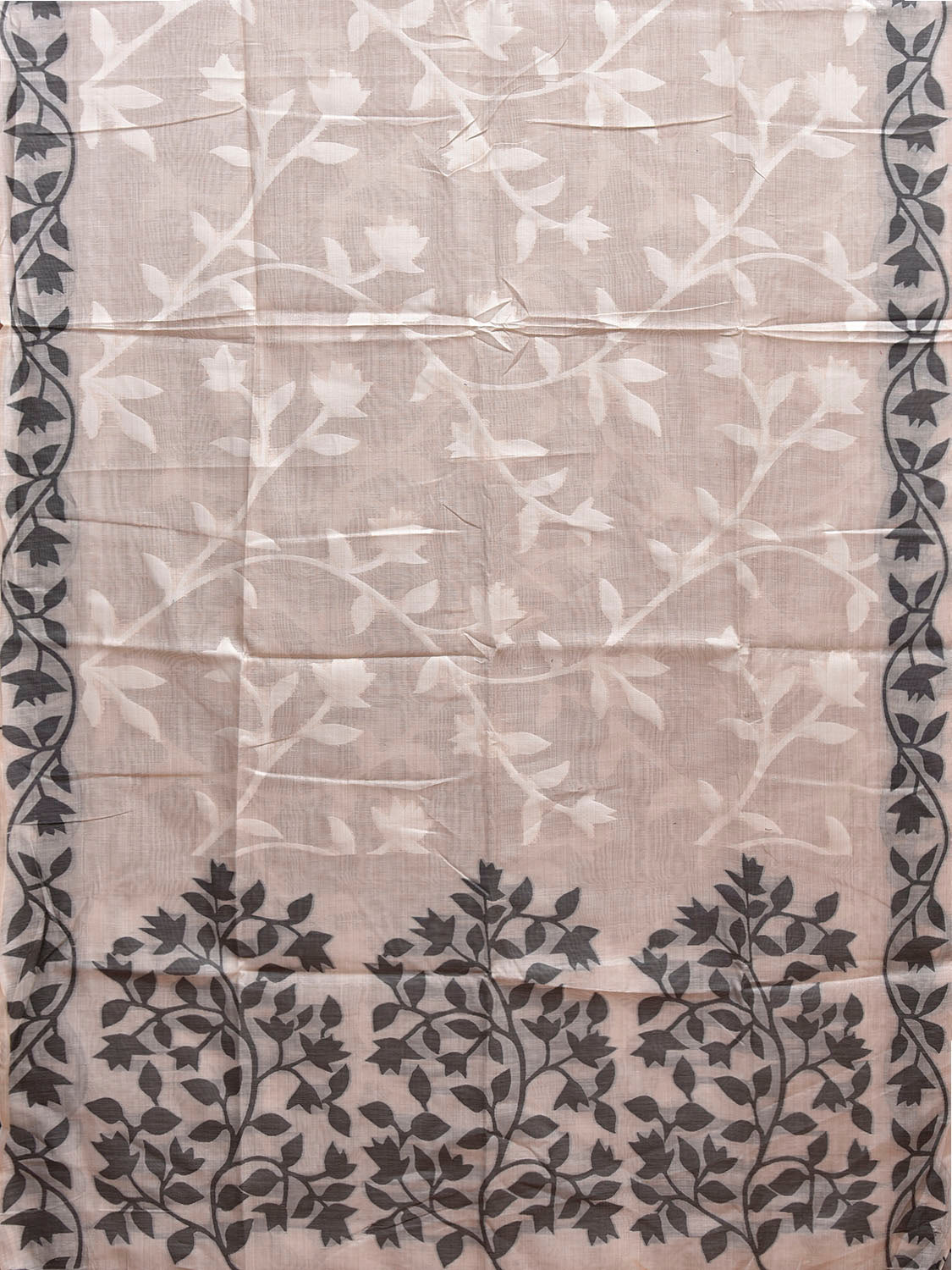 White and Black Dhakai Jamdani Cotton Viscose Saree with Floral Pallu and Border Design dj0193