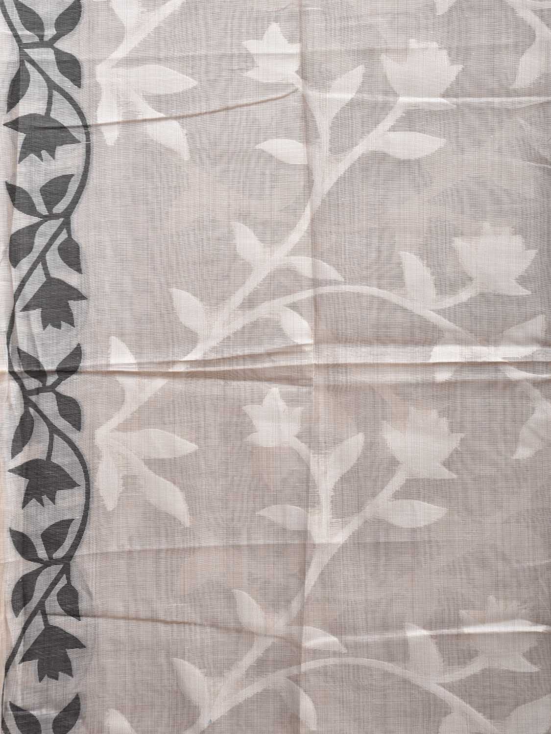 White and Black Dhakai Jamdani Cotton Viscose Saree with Floral Pallu and Border Design dj0193