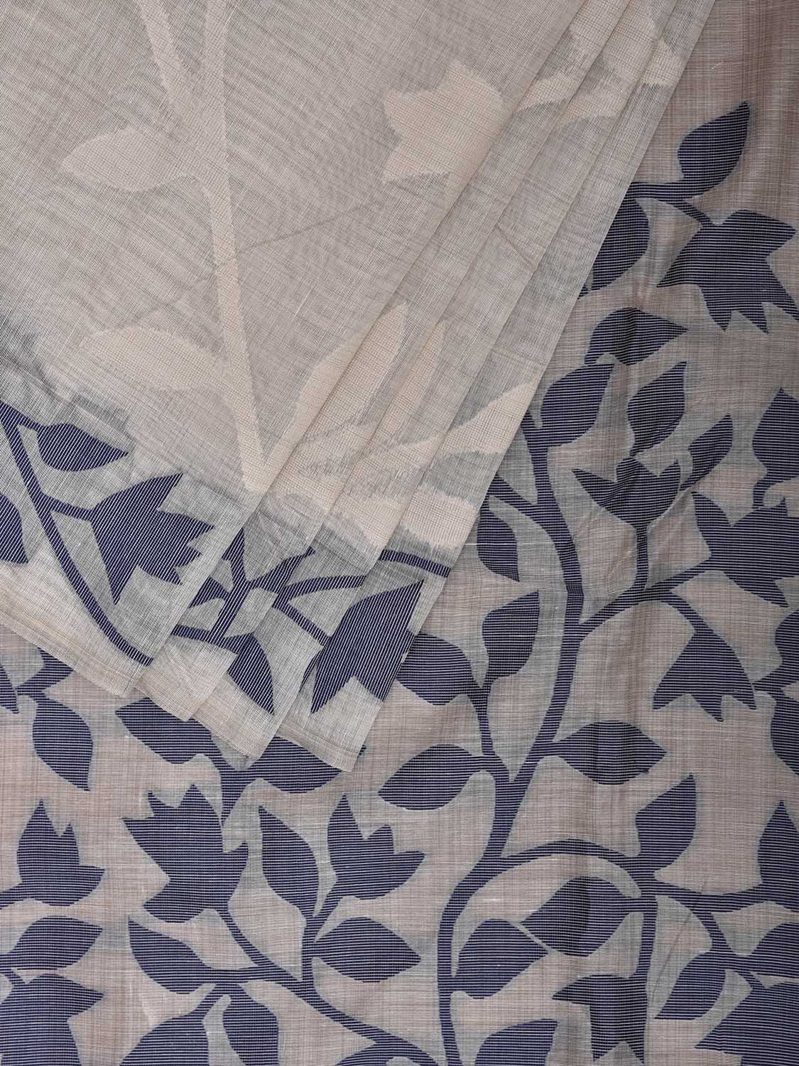 White and Blue Dhakai Jamdani Cotton Viscose Saree with Floral Pallu and Border Design dj0195