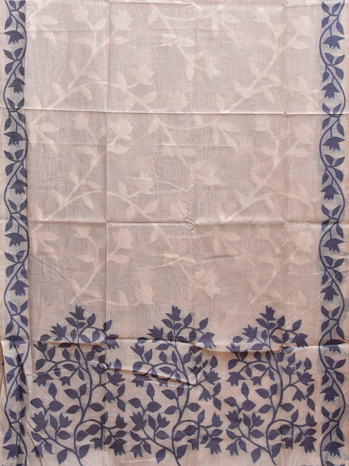 White and Blue Dhakai Jamdani Cotton Viscose Saree with Floral Pallu and Border Design dj0195