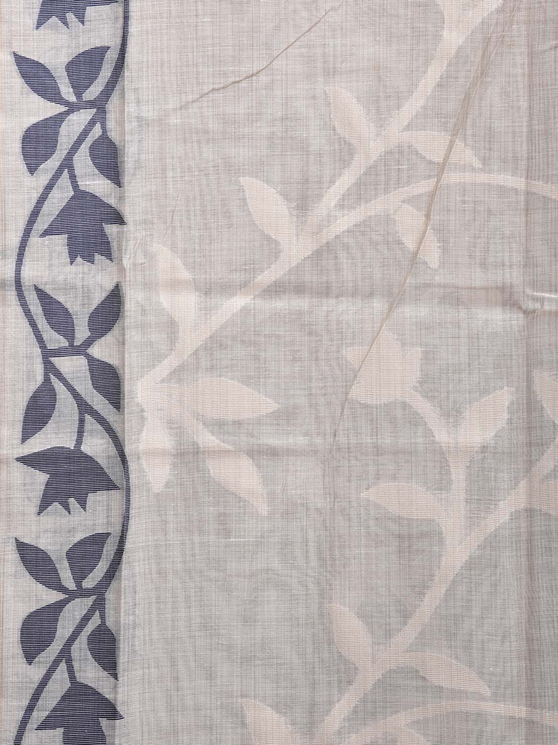 White and Blue Dhakai Jamdani Cotton Viscose Saree with Floral Pallu and Border Design dj0195