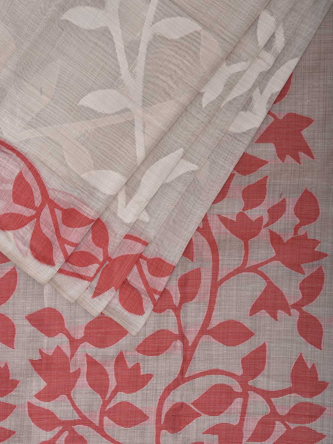 White and Red Dhakai Jamdani Cotton Viscose Saree with Floral Pallu and Border Design dj0196
