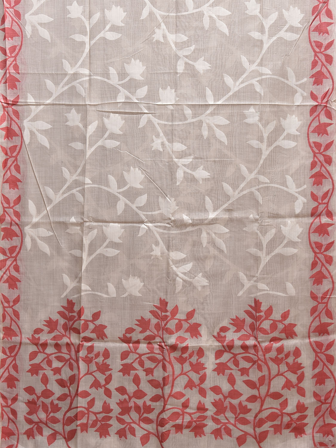 White and Red Dhakai Jamdani Cotton Viscose Saree with Floral Pallu and Border Design dj0196