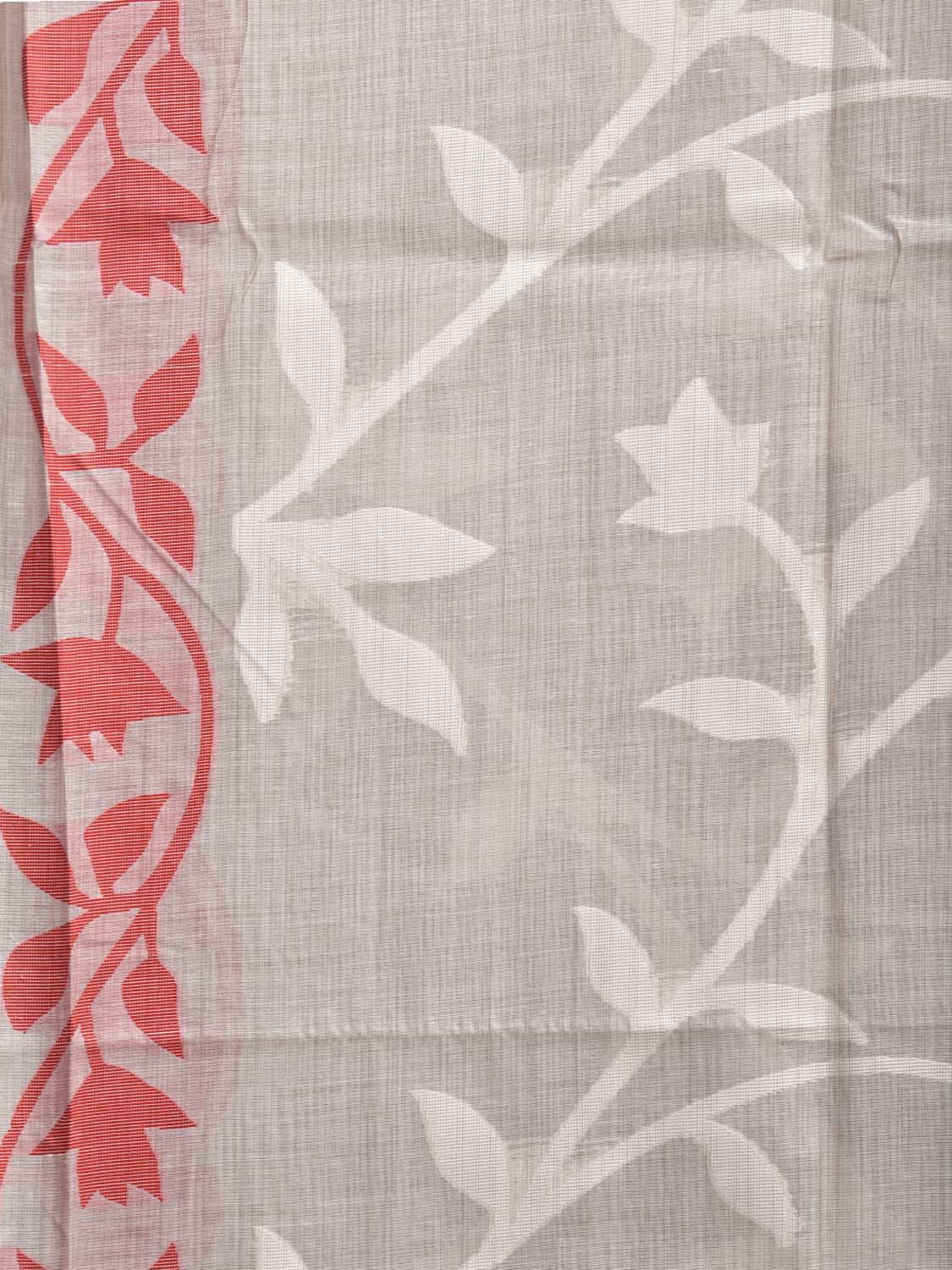 White and Red Dhakai Jamdani Cotton Viscose Saree with Floral Pallu and Border Design dj0196
