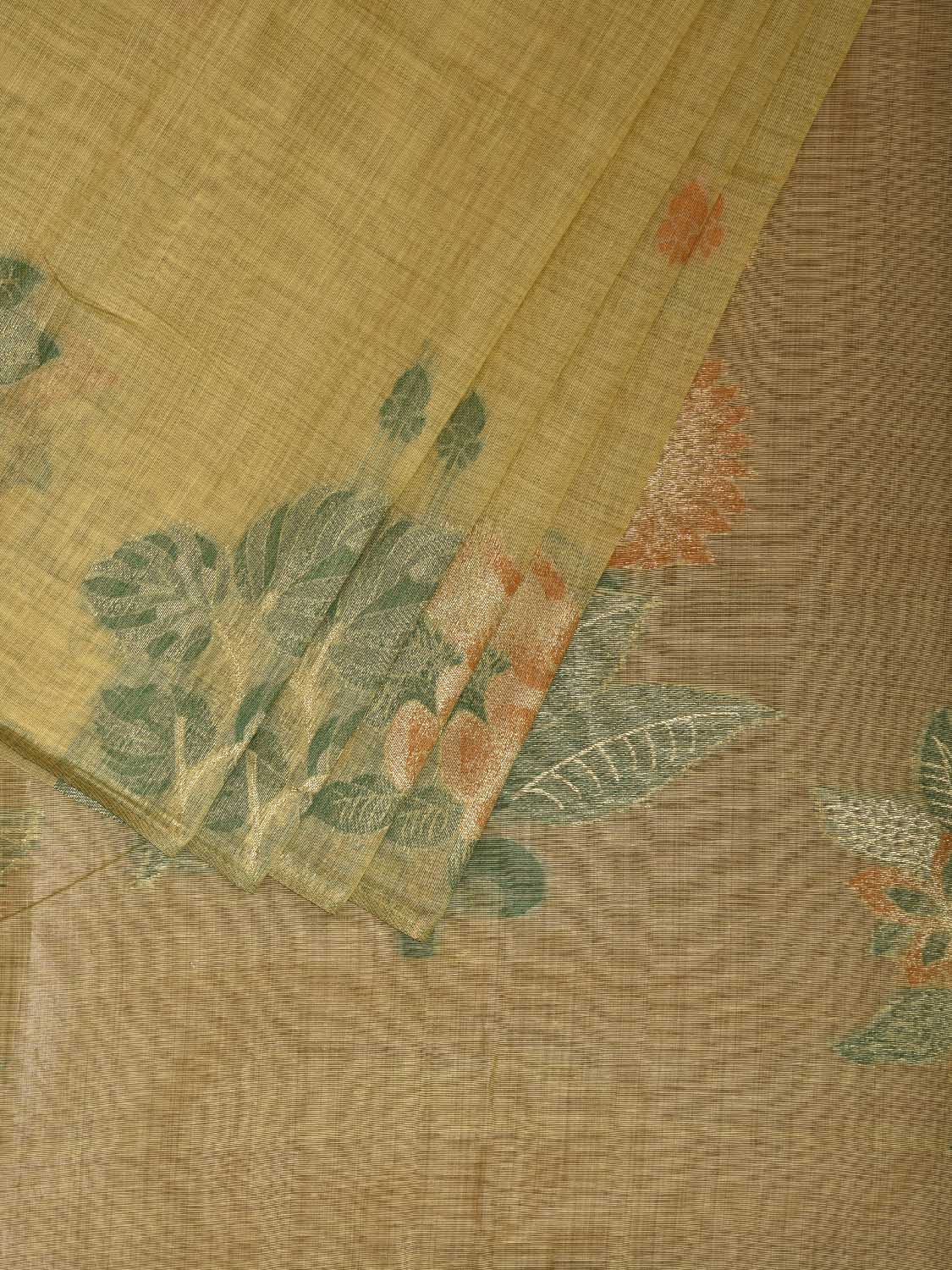 Yellow Dhakai Jamdani Cotton Viscose Saree with Floral Border and Pallu Design dj0203