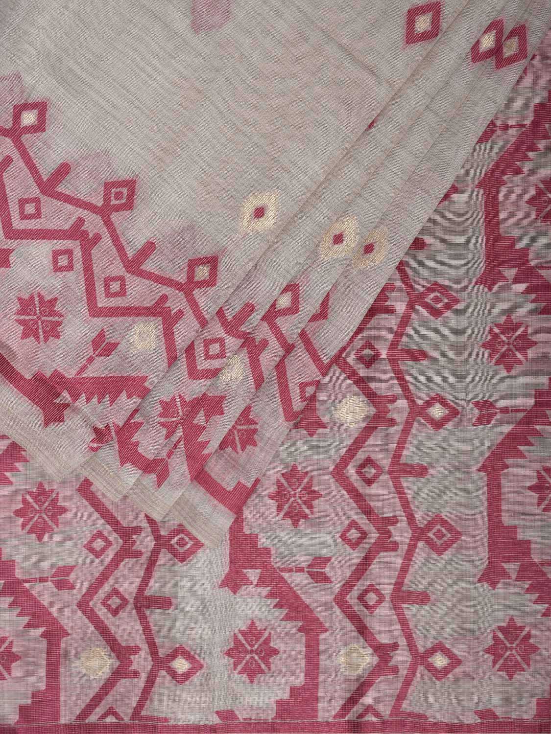 White and Red Dhakai Jamdani Cotton Viscose Saree with Geometric Border and Pallu Design dj0205