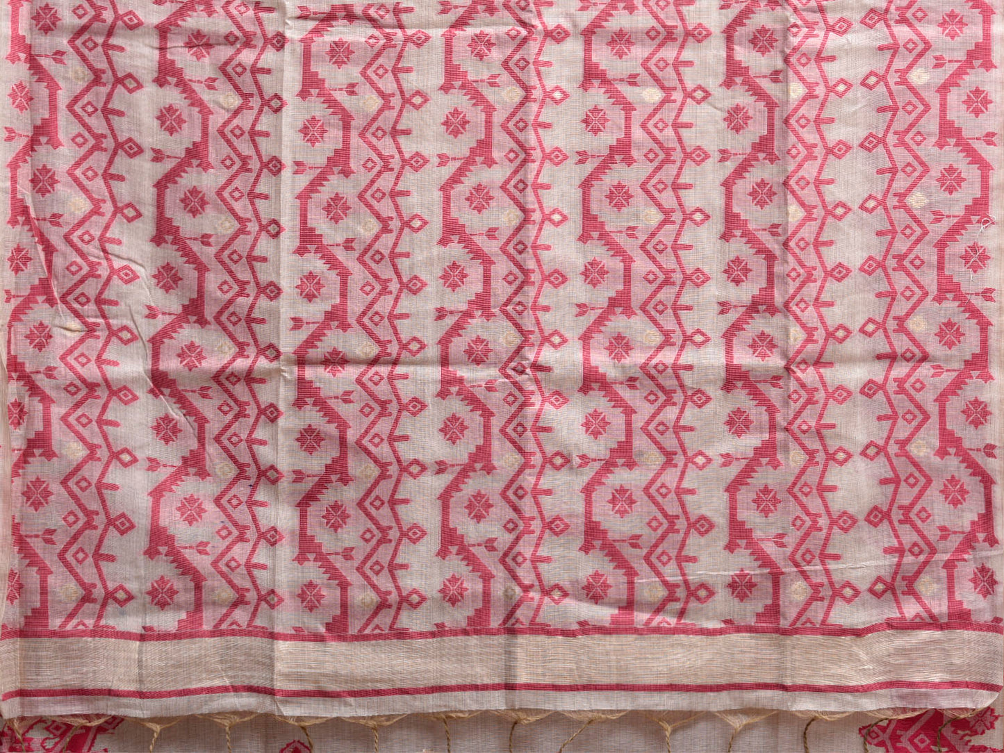 White and Red Dhakai Jamdani Cotton Viscose Saree with Geometric Border and Pallu Design dj0205