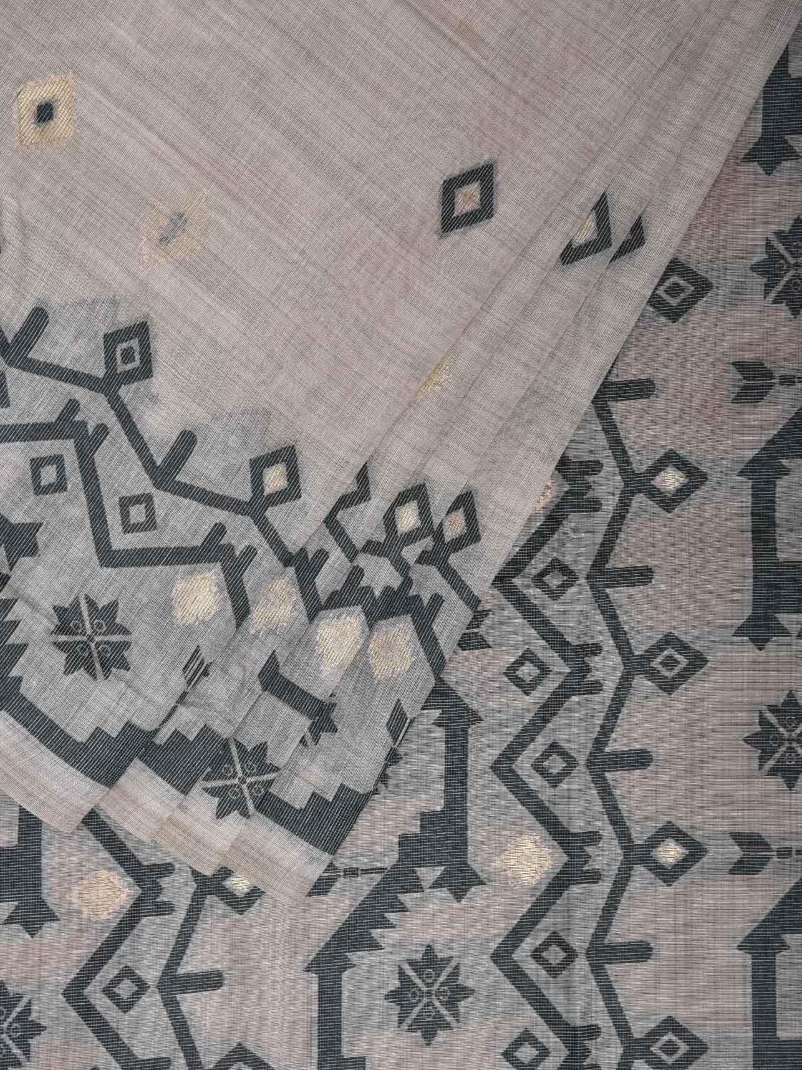 White and Green Dhakai Jamdani Cotton Viscose Saree with Geometric Border and Pallu Design dj0207