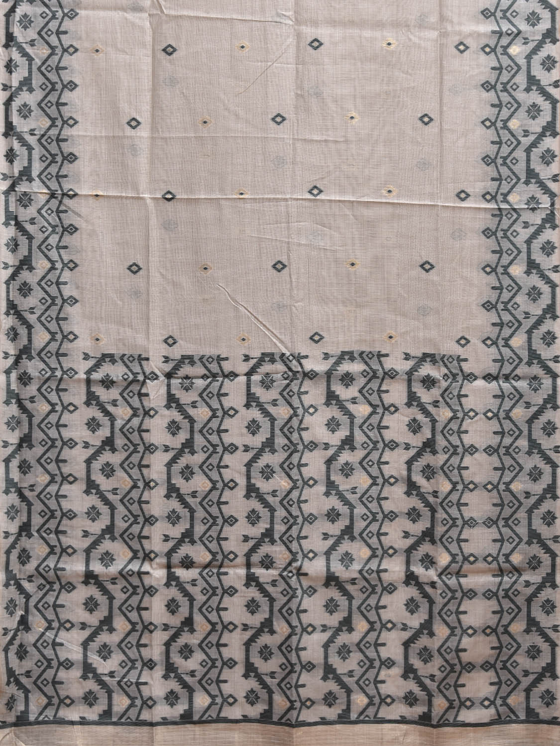 White and Green Dhakai Jamdani Cotton Viscose Saree with Geometric Border and Pallu Design dj0207