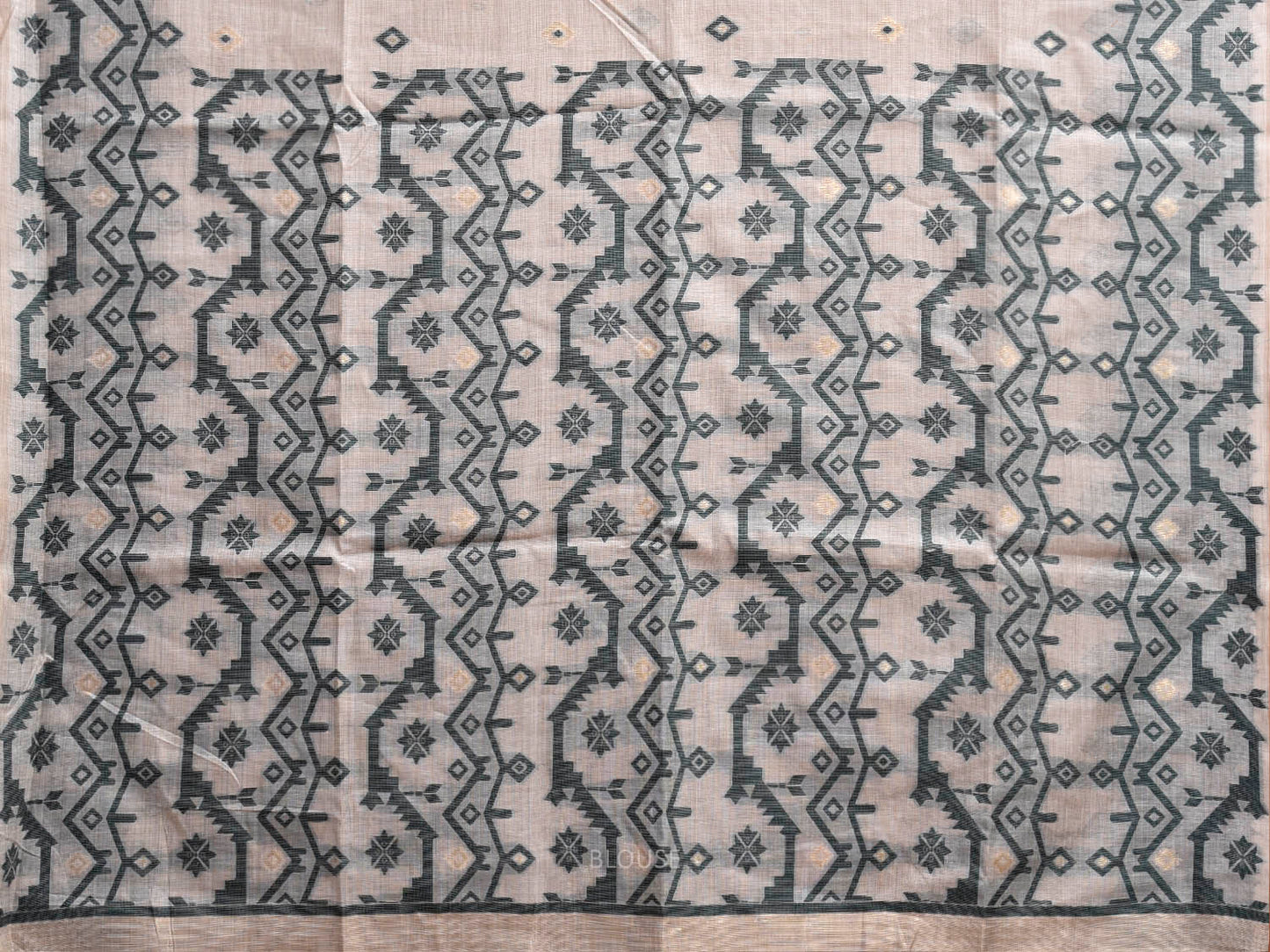 White and Green Dhakai Jamdani Cotton Viscose Saree with Geometric Border and Pallu Design dj0207