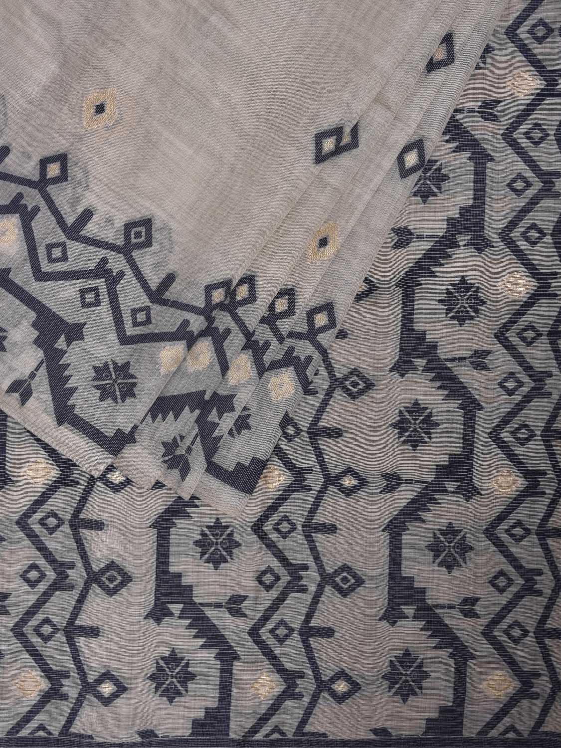 White and Dark Blue Dhakai Jamdani Cotton Viscose Saree with Geometric Border and Pallu Design dj0208