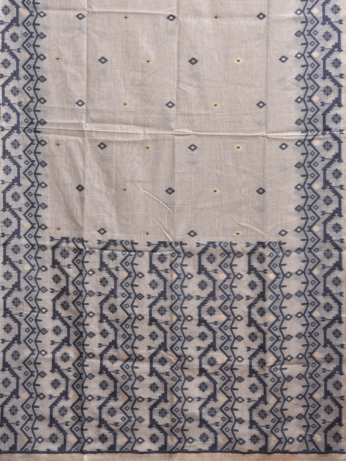 White and Dark Blue Dhakai Jamdani Cotton Viscose Saree with Geometric Border and Pallu Design dj0208