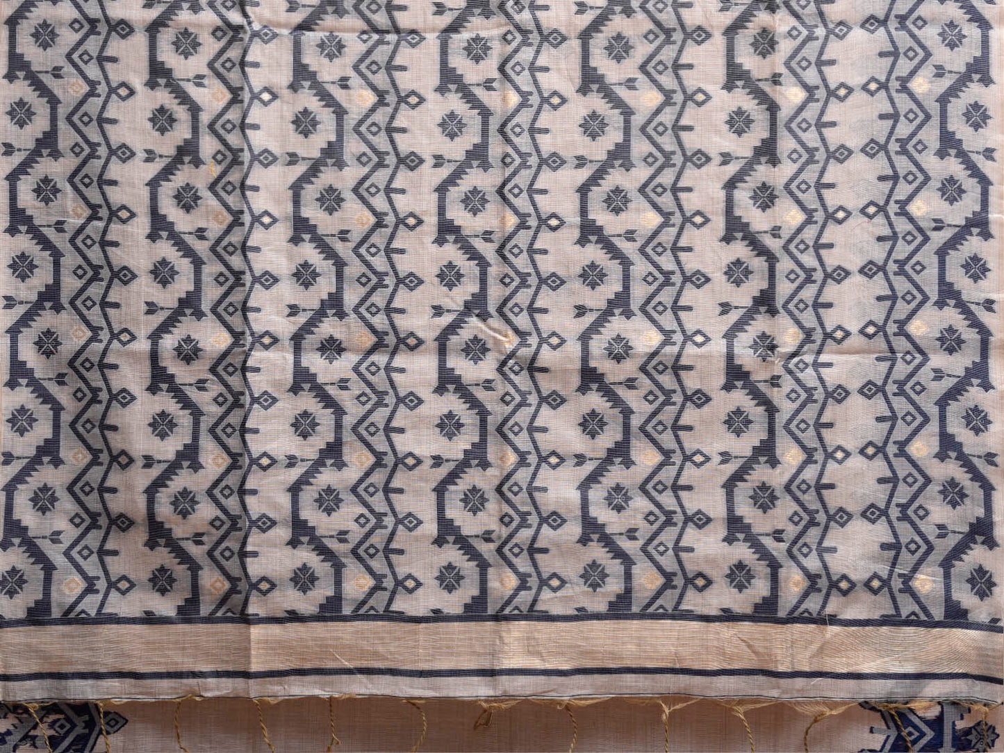 White and Dark Blue Dhakai Jamdani Cotton Viscose Saree with Geometric Border and Pallu Design dj0208