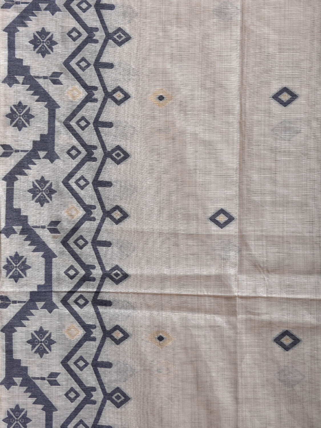 White and Dark Blue Dhakai Jamdani Cotton Viscose Saree with Geometric Border and Pallu Design dj0208