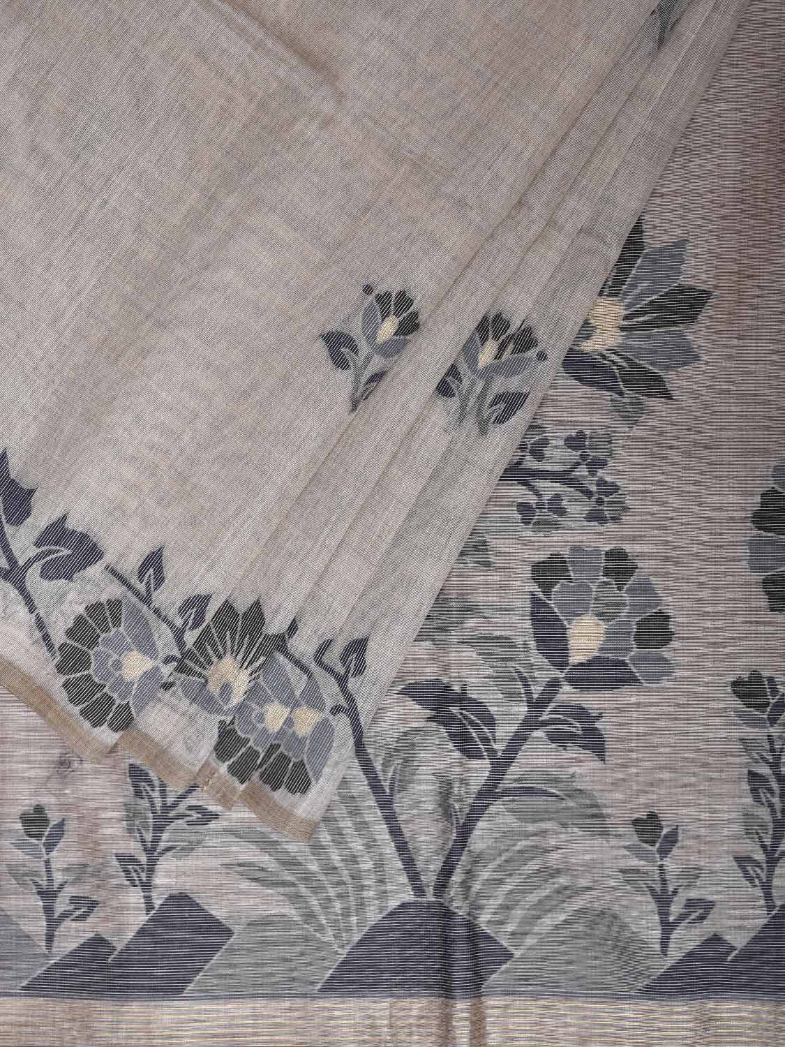 Light Khaki Dhakai Jamdani Cotton Viscose Saree with Floral Border and Pallu Design dj0209