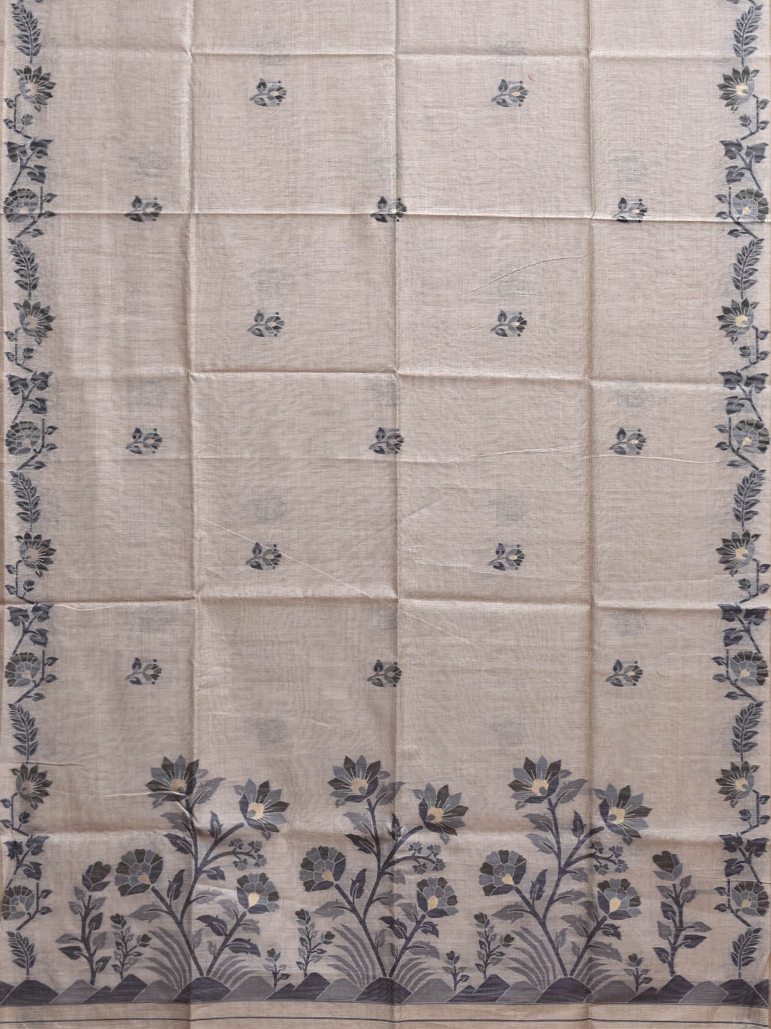 Light Khaki Dhakai Jamdani Cotton Viscose Saree with Floral Border and Pallu Design dj0209