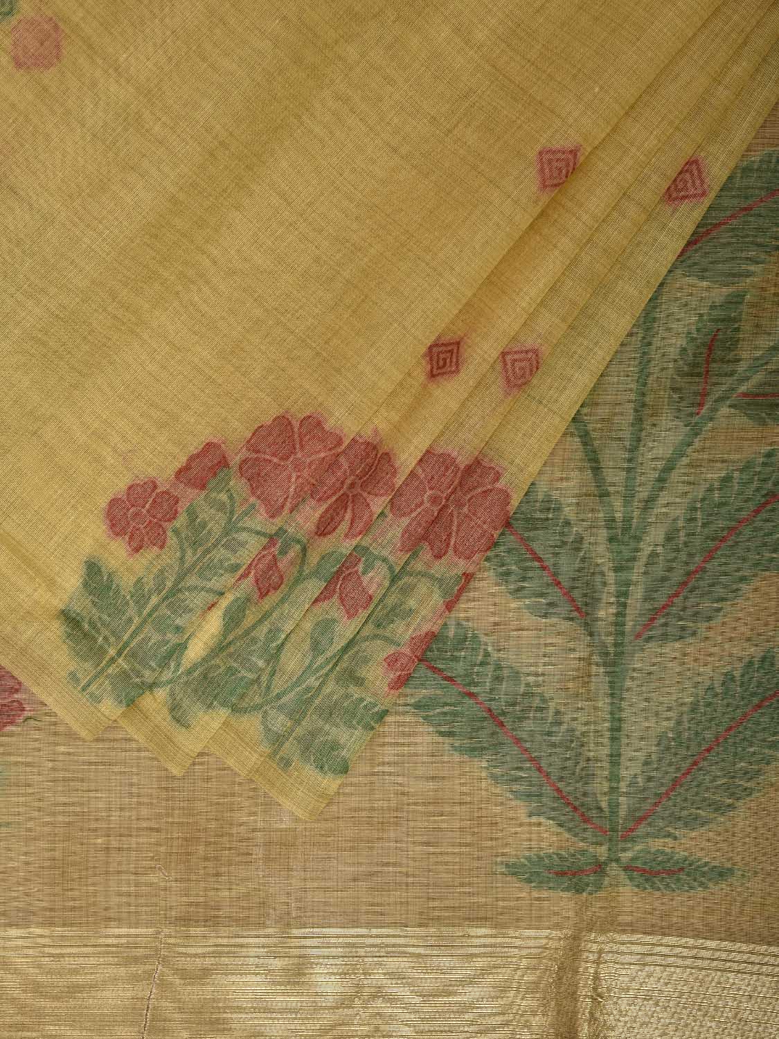 Yellow Dhakai Jamdani Cotton Viscose Saree with Floral Border and Pallu Design dj0211