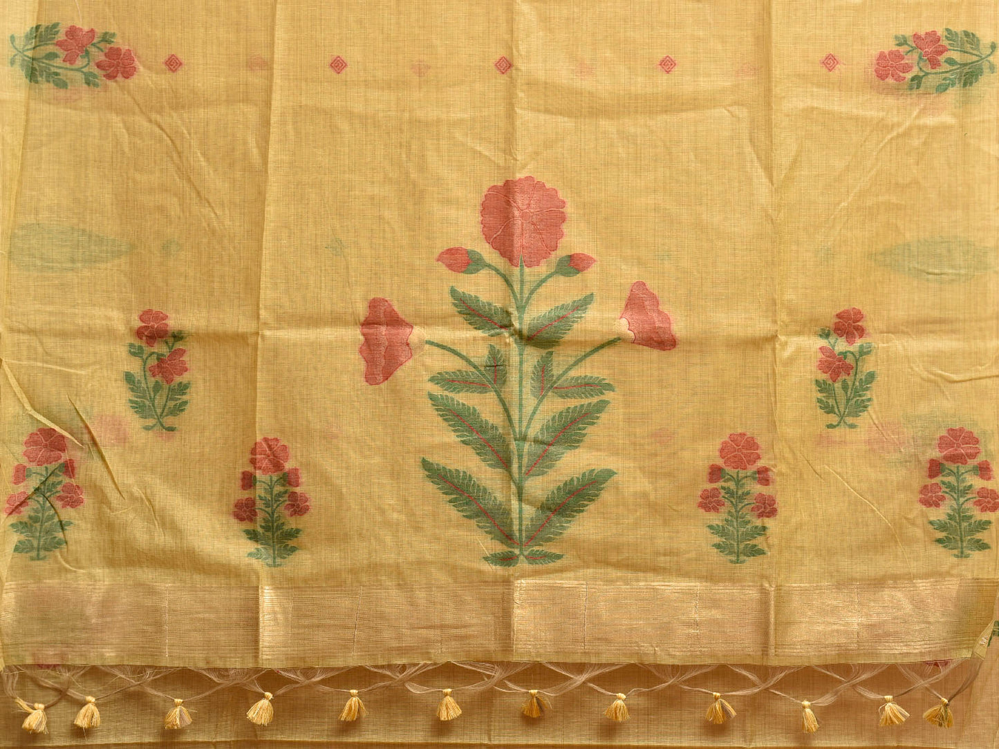 Yellow Dhakai Jamdani Cotton Viscose Saree with Floral Border and Pallu Design dj0211