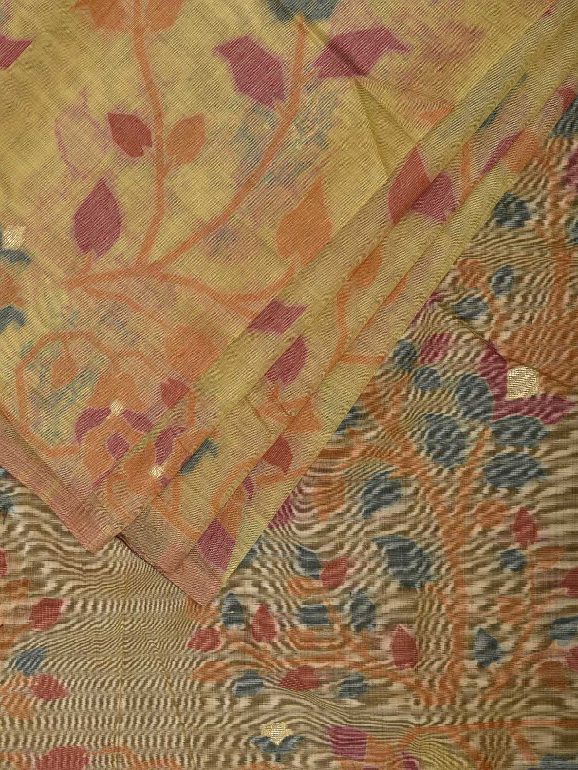 Yellow Dhakai Jamdani Cotton Viscose Saree with Floral Border and Pallu Design dj0218