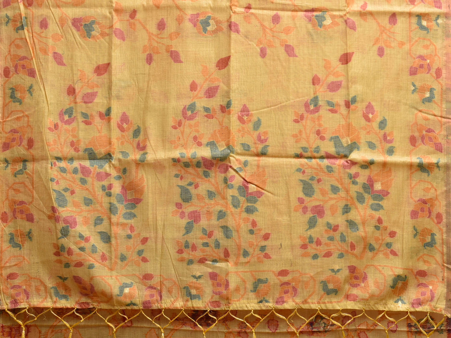 Yellow Dhakai Jamdani Cotton Viscose Saree with Floral Border and Pallu Design dj0218
