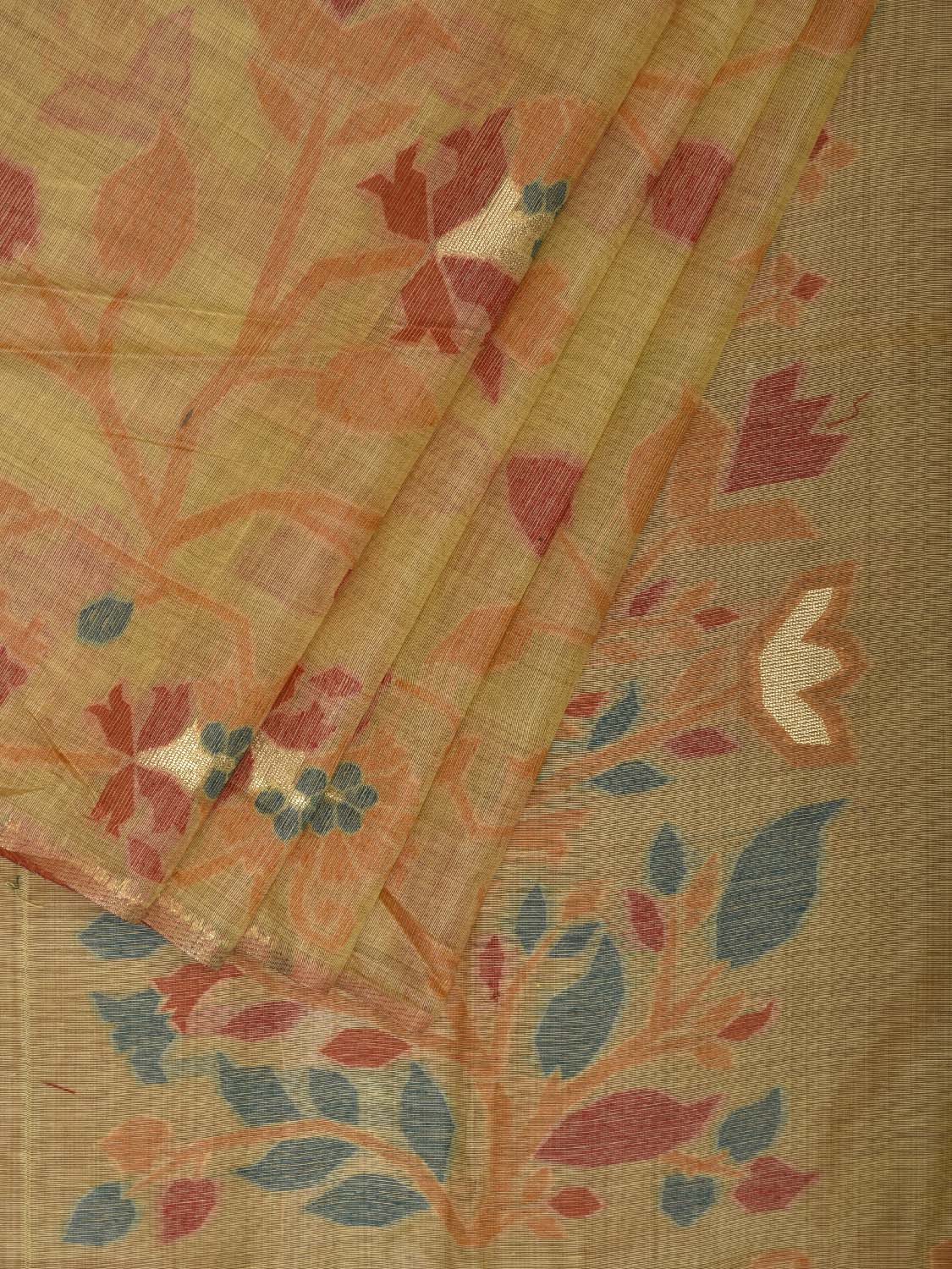 Yellow Dhakai Jamdani Cotton Viscose Saree with Floral Border and Pallu Design dj0220