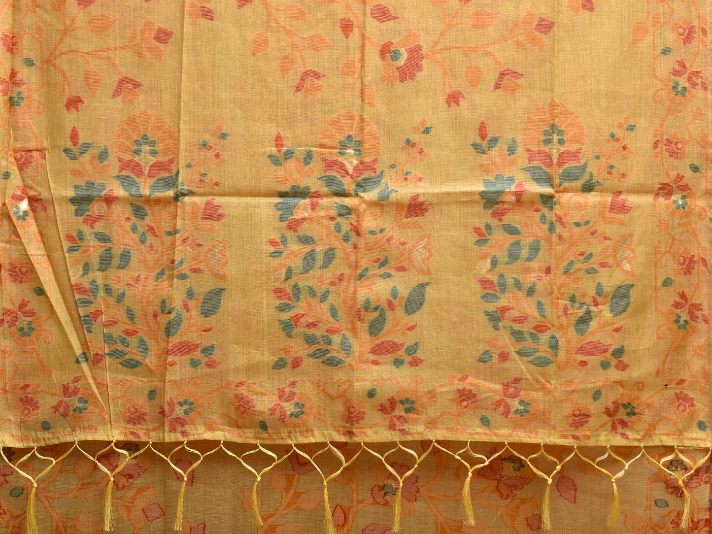 Yellow Dhakai Jamdani Cotton Viscose Saree with Floral Border and Pallu Design dj0220