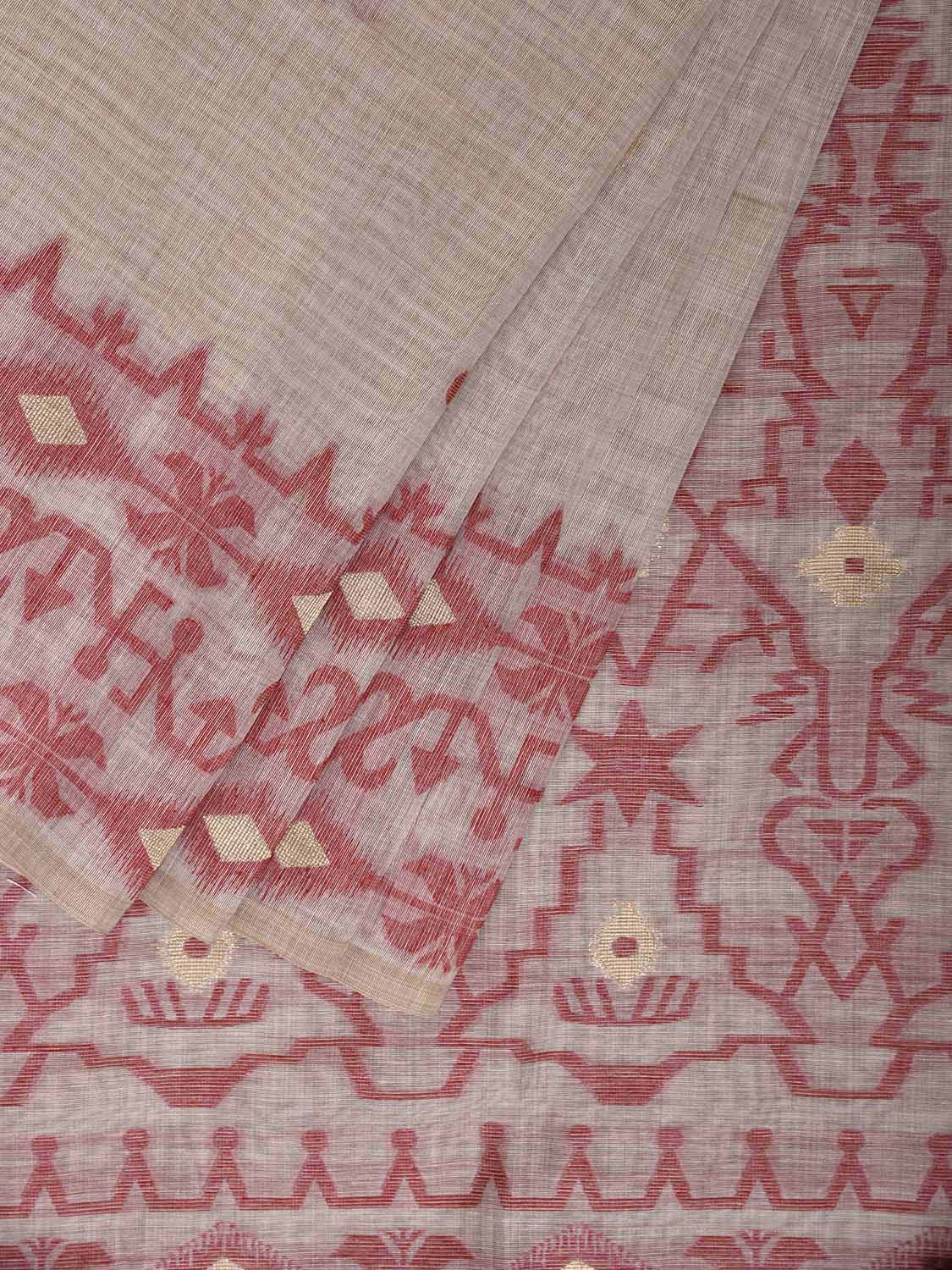 Beige and Red Dhakai Jamdani Cotton Viscose Saree with Geometric Border and Pallu Design dj0228