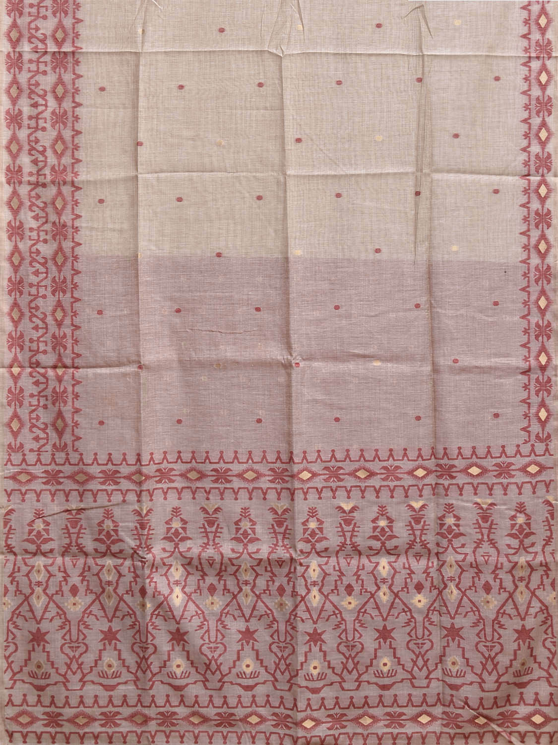 Beige and Red Dhakai Jamdani Cotton Viscose Saree with Geometric Border and Pallu Design dj0228