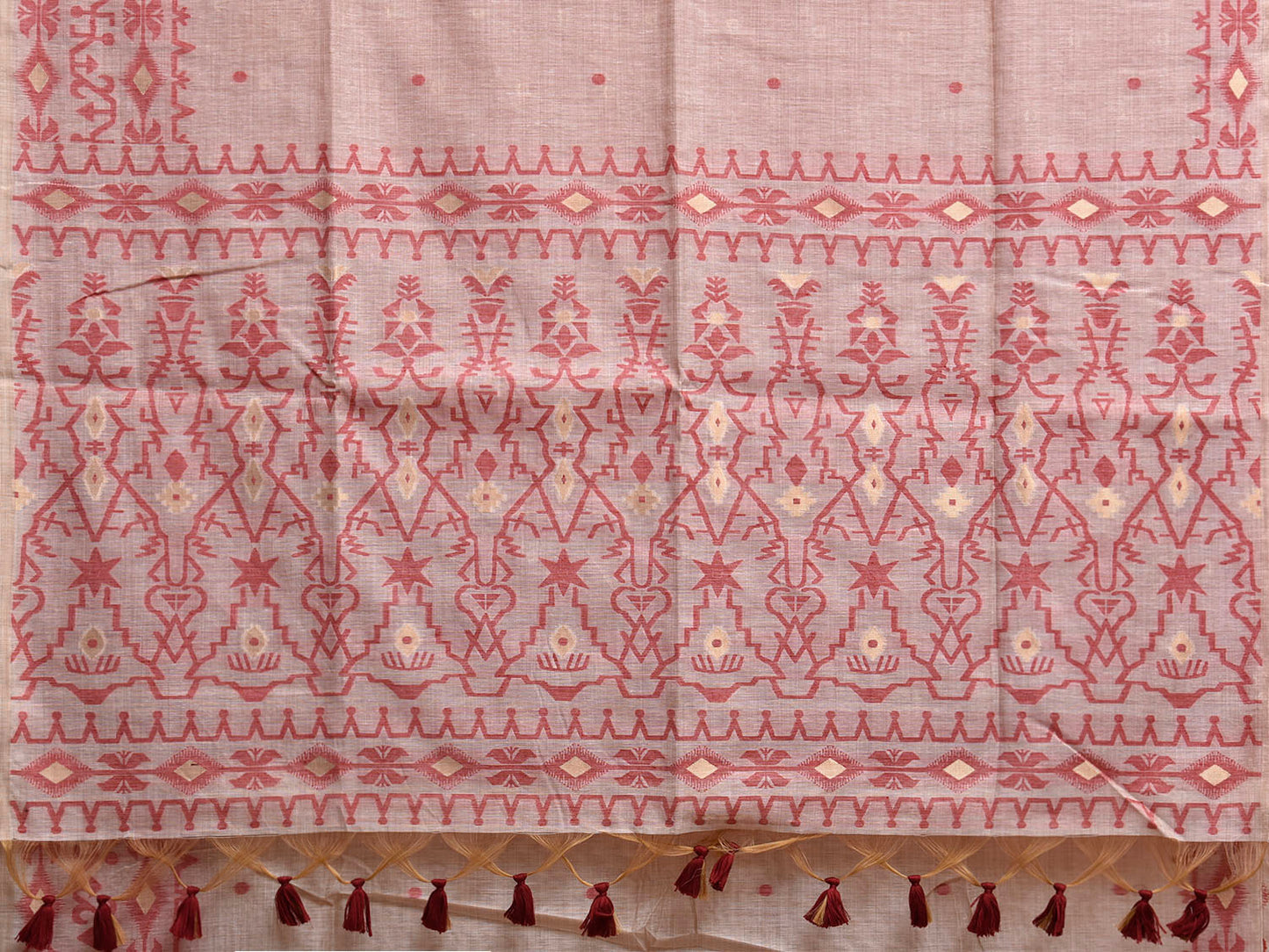 Beige and Red Dhakai Jamdani Cotton Viscose Saree with Geometric Border and Pallu Design dj0228