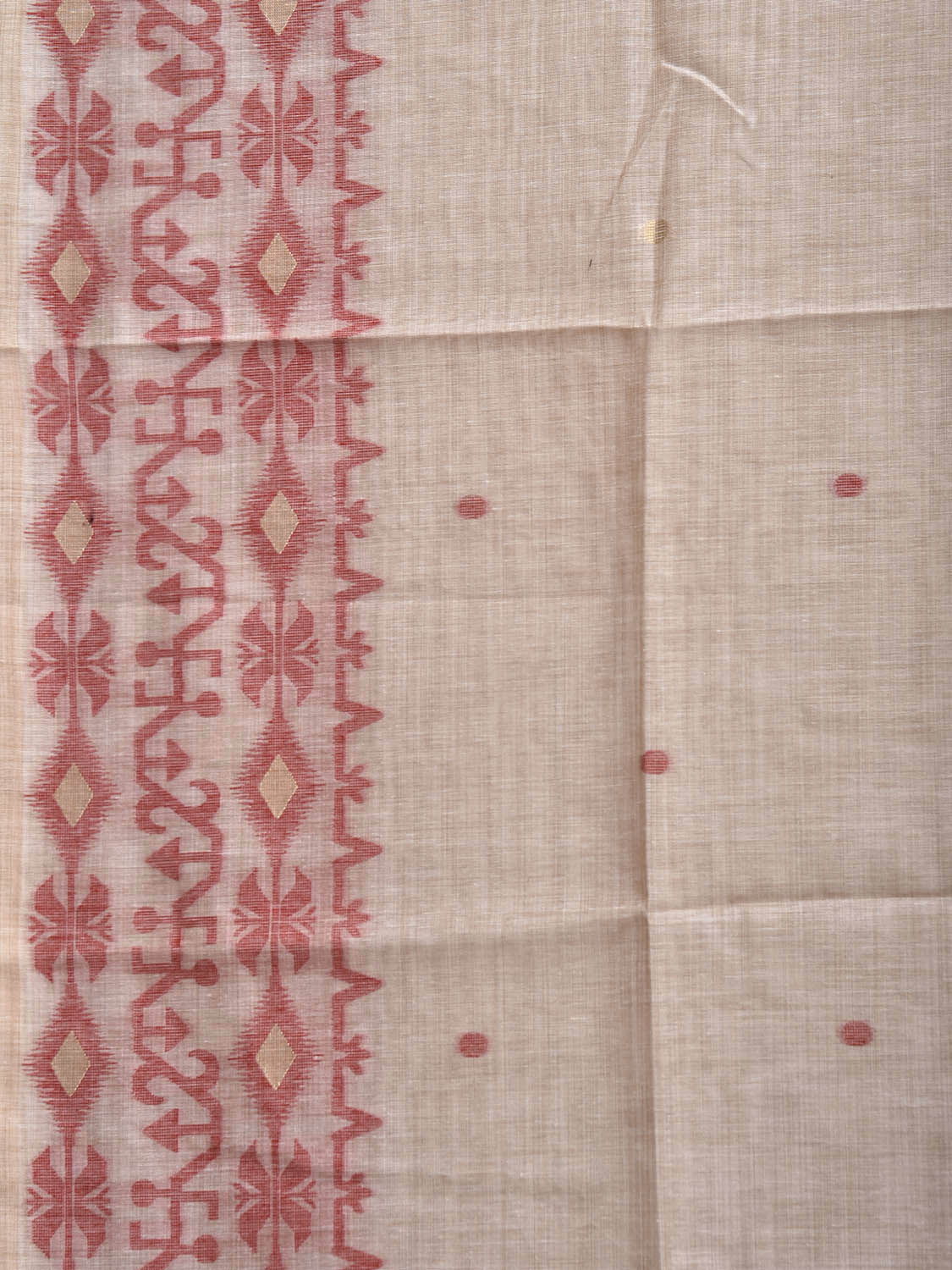 Beige and Red Dhakai Jamdani Cotton Viscose Saree with Geometric Border and Pallu Design dj0228
