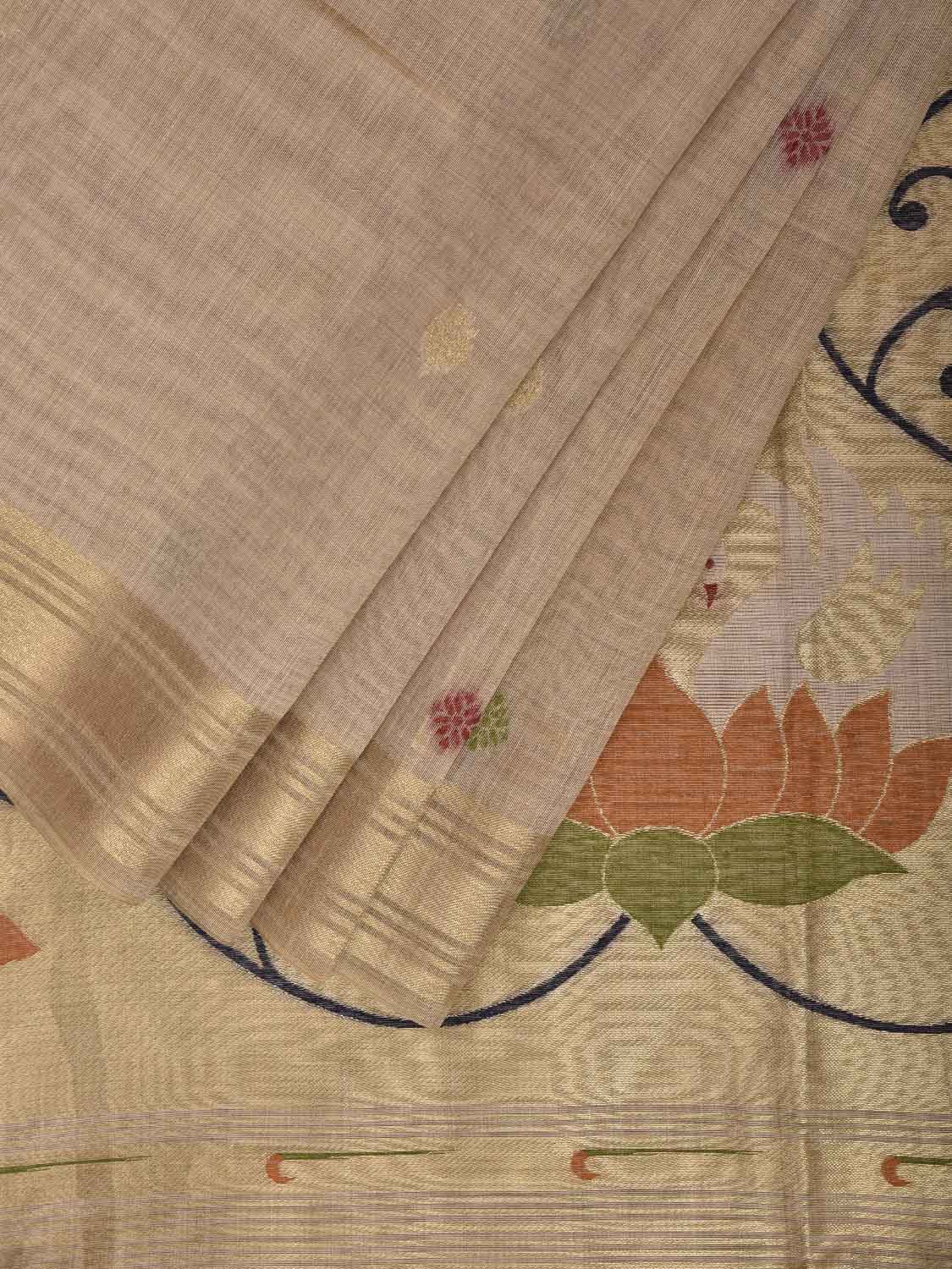 Cream Dhakai Jamdani Cotton Viscose Saree with Lotus Flowers and Birds Pallu Design dj0241