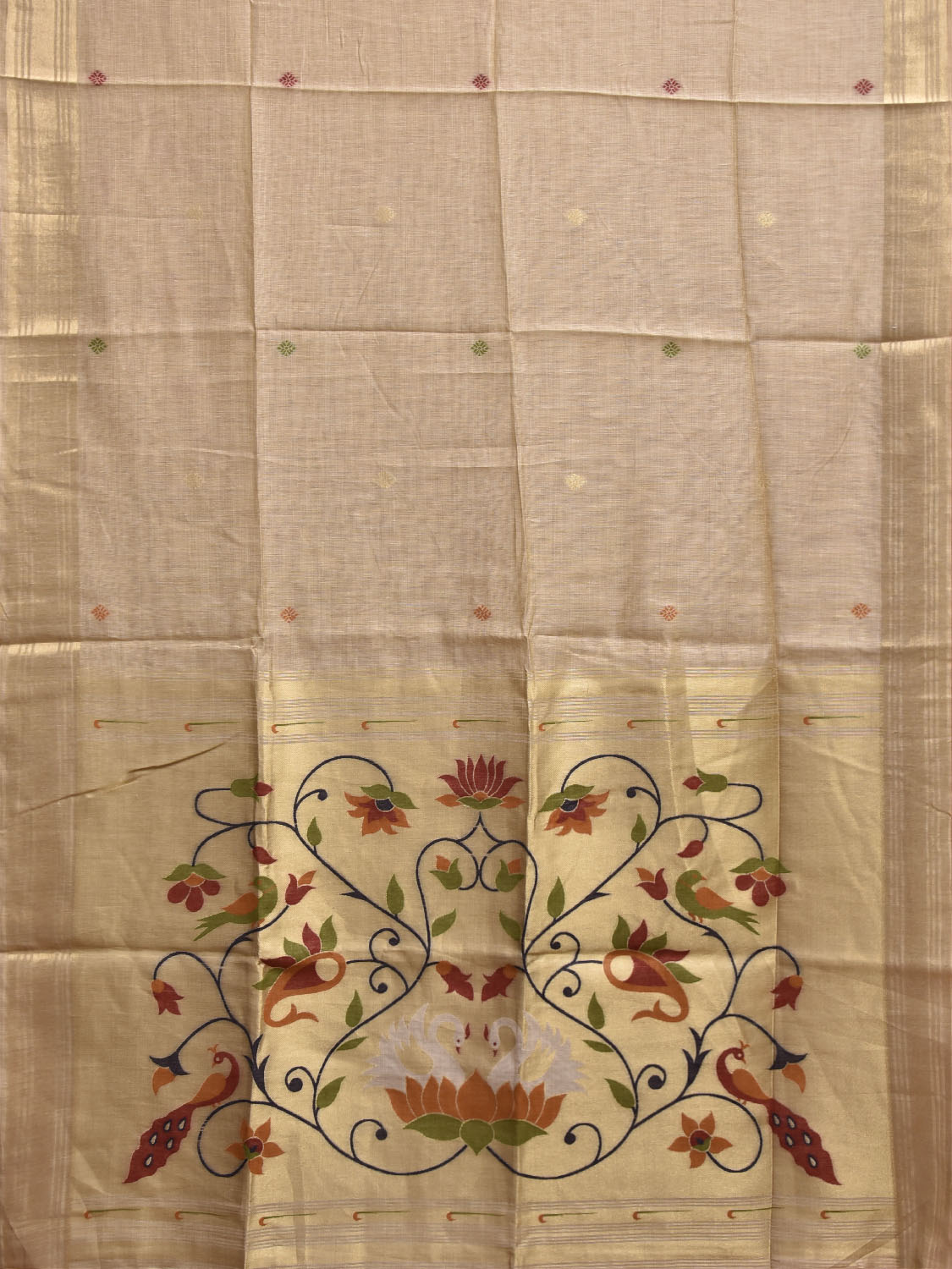 Cream Dhakai Jamdani Cotton Viscose Saree with Lotus Flowers and Birds Pallu Design dj0241